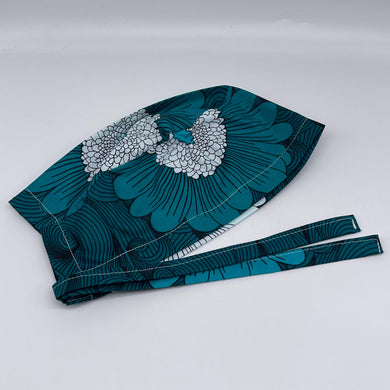 Teal Floral Print Scrub Cap: Unisex Tie-Back Surgical Hat, Satin Lining
