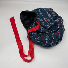 Load image into Gallery viewer, 2XL JUMBO PONY Scrub Cap, EKG  cotton fabric surgical nursing hat and satin lining option for Extra long/thick Hair/Locs