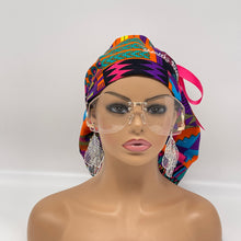 Load image into Gallery viewer, 2XL JUMBO PONY SCRUB Cap,pink, purple Kente cotton fabric surgical nursing hat satin lining option for Extra long/thick Hair/Locs