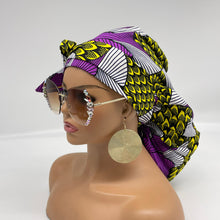 Load image into Gallery viewer, Ponytail PONY SCRUB CAP, purple and yellow Ankara cotton fabric surgical scrub hat nursing caps, satin lining option for locs/Long Hair