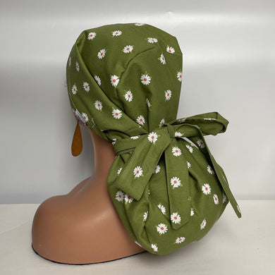 Ponytail PONY SCRUB CAP, Green Daisy flowers cotton fabric surgical scrub hat pony nursing caps and satin lining option for locs/Long Hair