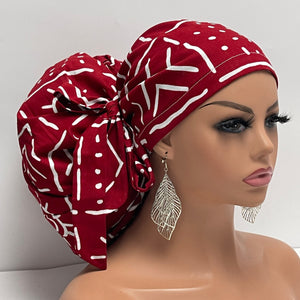 2XL JUMBO PONY SCRUB Cap, Red and White Tribal cotton fabric surgical nursing hat for Extra long/thick Hair/Locs
