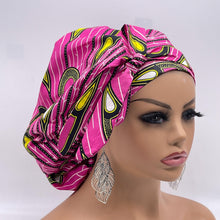 Load image into Gallery viewer, Ponytail PONY SCRUB CAP, pink and yellow Ankara cotton fabric surgical scrub hat nursing caps, satin lining option for locs /Long Hair