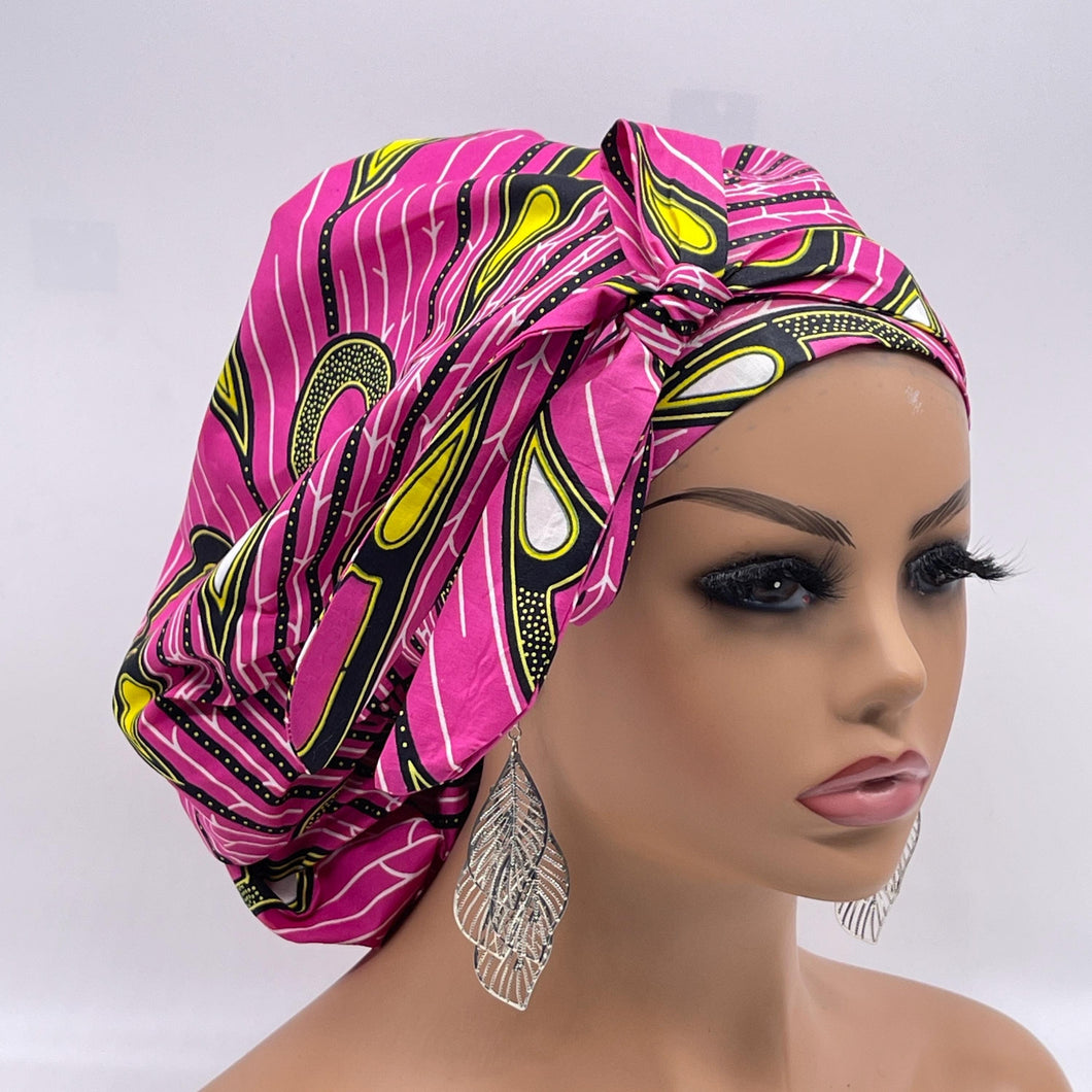 Ponytail PONY SCRUB CAP, pink and yellow Ankara cotton fabric surgical scrub hat nursing caps, satin lining option for locs /Long Hair