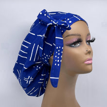 Load image into Gallery viewer, Ponytail hat PONY SCRUB CAP, royal blue white tribal surgical scrub hat pony nursing caps and satin lining option for locs, braid, long hair