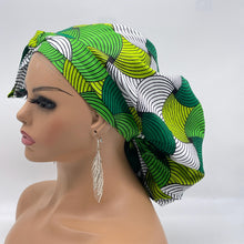 Load image into Gallery viewer, Ankara PONY SCRUB CAP, green and white cotton fabric surgical scrub hat nursing caps and satin lining option for locs /Long