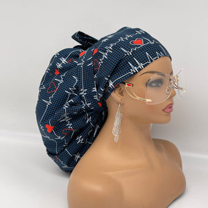 2XL JUMBO PONY Scrub Cap, EKG  cotton fabric surgical nursing hat and satin lining option for Extra long/thick Hair/Locs