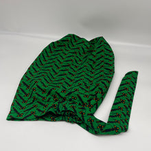 Load image into Gallery viewer, Adjustable Dread Locs and Long braids HAT Cap, Green Ankara pony style scrub nursing caps fabric and satin lining option Hair Cover