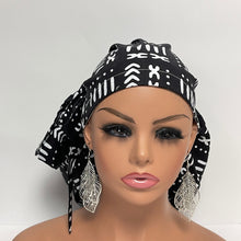 Load image into Gallery viewer, 2XL JUMBO PONY SCRUB Cap, Black/White cotton fabric surgical nursing hat satin lining option for Extra long/thick Hair/Locs