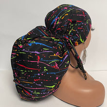 Load image into Gallery viewer, Satin lined 2XL JUMBO PONY Scrub Cap Black paint splatter cotton fabric surgical nursing hat and for Extra long/thick Hair/Locs