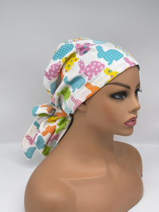 Ponytail PONY SCRUB CAP, Easter fabric surgical scrub hat nursing caps with satin lining for locs /Long Hair, Easter nurse Gift