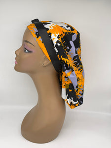 Ponytail Ankara PONY SCRUB CAP, cotton fabric surgical scrub hat nursing caps and satin lining option for locs /Long Hair grey, yellow