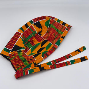 Red yellow green and Black kente unisex pixie Men surgical SCRUB HAT CAP, nursing caps, tie back cap, satin lining option African print hat