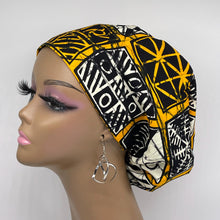 Load image into Gallery viewer, Niceroy Surgical SCRUB CAP cream yellow black Ankara Europe style nursing caps African print fabric and satin lining option.