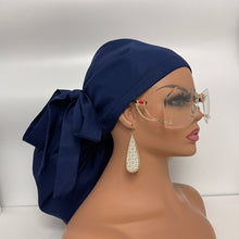 Load image into Gallery viewer, Adjustable 2XL JUMBO PONY Scrub Cap, Navy blue  cotton fabric surgical nursing hat and satin lining option for Extra long/thick Hair/Locs