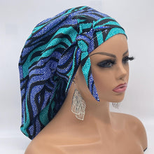 Load image into Gallery viewer, Ponytail Ankara PONY SCRUB CAP, blue cotton fabric surgical scrub hat pony nursing caps and satin lining option for locs /Long Hair