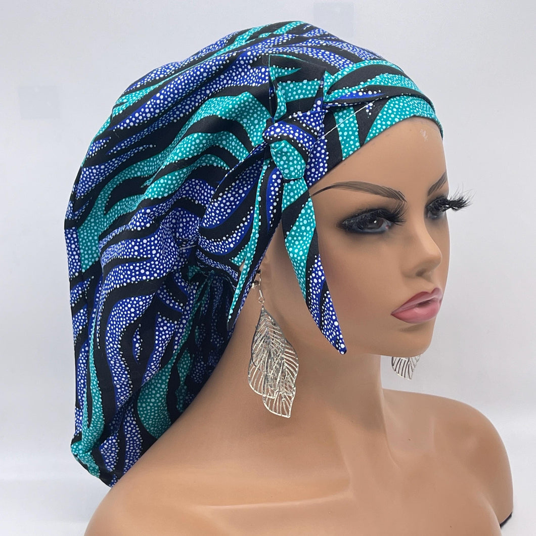 Ponytail Ankara PONY SCRUB CAP, blue cotton fabric surgical scrub hat pony nursing caps and satin lining option for locs /Long Hair