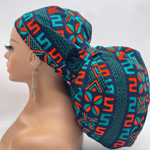 2XL JUMBO PONY Scrub Cap, Black teal orange surgical nursing hat and satin lining option for Extra long/thick Hair/Locs