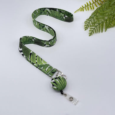 Handmade Fabric Lanyard: Green Leaves ID Badge Holder with Retractable Clip