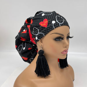 2XL JUMBO PONY Scrub Cap, EKG  cotton fabric surgical nursing hat and satin lining option for Extra long/thick Hair/Locs