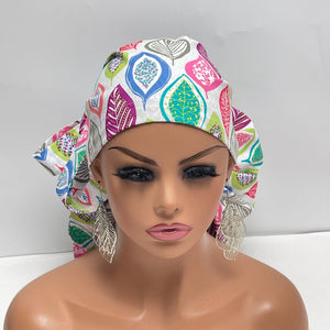 2XL JUMBO PONY SCRUB Cap, colorful leaves Cotton fabric surgical nursing hat satin lining option for Extra long/thick Hair/Locs