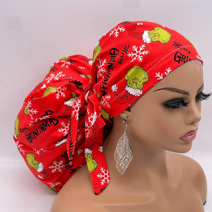 Christmas 2XL JUMBO PONY SCRUB Cap,  Grinch grinchmas cotton fabric surgical nursing hat satin lining option for Extra long/thick Hair/Locs