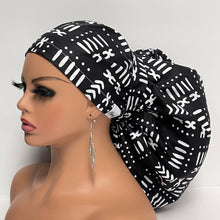 Load image into Gallery viewer, 2XL JUMBO PONY SCRUB Cap, Black/White cotton fabric surgical nursing hat satin lining option for Extra long/thick Hair/Locs