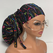 Load image into Gallery viewer, Satin lined 2XL JUMBO PONY Scrub Cap Black paint splatter cotton fabric surgical nursing hat and for Extra long/thick Hair/Locs