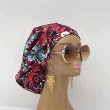 Load image into Gallery viewer, Ponytail Ankara PONY SCRUB CAP, blue, pink black Ankara cotton fabric surgical scrub hat, pony nursing caps for locs, braid, long hair