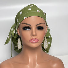 Load image into Gallery viewer, 2XL JUMBO PONY SCRUB Cap, Green White cotton fabric surgical nursing hat satin lining option for Extra long/thick Hair/Locs