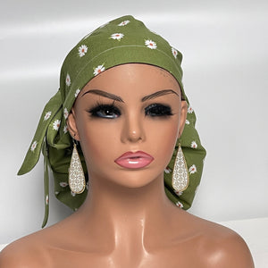 2XL JUMBO PONY SCRUB Cap, Green White cotton fabric surgical nursing hat satin lining option for Extra long/thick Hair/Locs