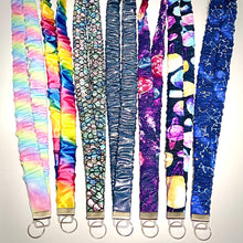 Load image into Gallery viewer, Handmade Scrunchie Lanyard and Keychain: cotton Silk and stretchy Fabrics.