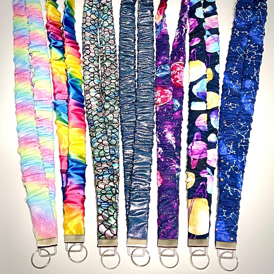 Handmade Scrunchie Lanyard and Keychain: cotton Silk and stretchy Fabrics.