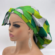 Load image into Gallery viewer, Ankara PONY SCRUB CAP, green and white cotton fabric surgical scrub hat nursing caps and satin lining option for locs /Long