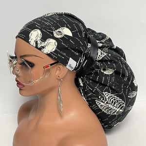 2XL JUMBO PONY SCRUB Cap, Black white glow in the dark skeleton cotton fabric surgical hat satin for Extra long/thick Hair/Locs