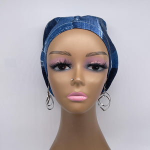 Niceroy Satin Lined SCRUB HAT CAP, soft cotton jeans print fabric Europe Euro style nursing caps, healthcare hats protective hair covers, nurse gift.