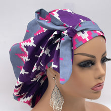 Load image into Gallery viewer, Ponytail PONY SCRUB CAP, purple pink gray white Ankara cotton fabric surgical scrub hat nursing caps, satin lining option for locs/Long Hair