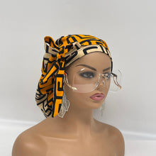 Load image into Gallery viewer, Ponytail Ankara PONY SCRUB CAP, Yellow  black cream cotton fabric surgical scrub hat, pony nursing caps for locs, braid, long hair