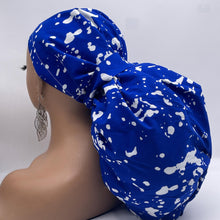 Load image into Gallery viewer, 2XL JUMBO PONY Scrub Cap, Royal blue and white surgical nursing hat and satin lining option for Extra long/thick Hair/Locs