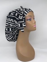 Load image into Gallery viewer, Ponytail PONY SCRUB CAP, black White Ankara cotton fabric surgical scrub hat nursing caps, satin lining option for locs/Long Hair