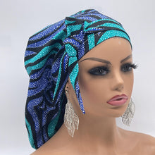 Load image into Gallery viewer, Ponytail Ankara PONY SCRUB CAP, blue cotton fabric surgical scrub hat pony nursing caps and satin lining option for locs /Long Hair