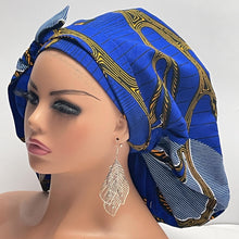 Load image into Gallery viewer, Ponytail SCRUB CAP Royal blue and yellow cotton fabric surgical scrub hat nursing caps, satin lining option for long hair