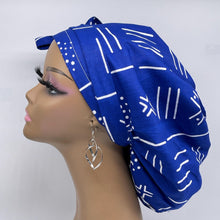 Load image into Gallery viewer, Ponytail hat PONY SCRUB CAP, royal blue white tribal surgical scrub hat pony nursing caps and satin lining option for locs, braid, long hair