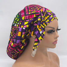 Load image into Gallery viewer, Ponytail PONY SCRUB CAP, multi colored geometric surgical scrub hat pony nursing caps and satin lining option for locs /Long Hair