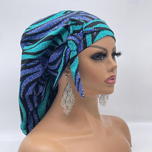 Load image into Gallery viewer, Ponytail Ankara PONY SCRUB CAP, blue cotton fabric surgical scrub hat pony nursing caps and satin lining option for locs /Long Hair