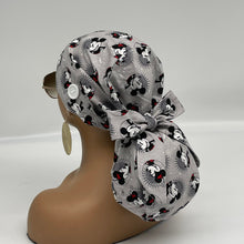 Load image into Gallery viewer, Ponytail SCRUB CAP Mickey and Minnie Mouse cotton fabric surgical scrub hat nursing caps, satin lining option for long hair