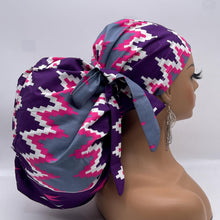 Load image into Gallery viewer, 2XL JUMBO PONY SCRUB Cap,pink, purple gray white Kente cotton fabric surgical nursing hat satin lining option for Extra long/thick Hair/Locs