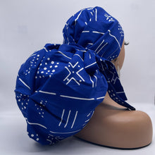 Load image into Gallery viewer, 2XL JUMBO PONY Scrub Cap, Royal blue and white tribal surgical nursing hat and satin lining option for Extra long/thick Hair/Locs