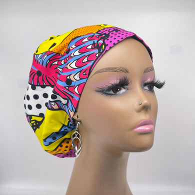 Niceroy SCRUB HAT CAP, pink yellow Multicolor Abstract Fabric Euro style nursing caps, healthcare hats protective hair covers, nurse gift