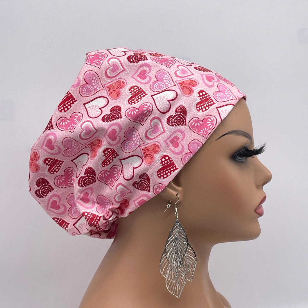 Niceroy Satin Lined VALENTINE EUROPE Style Adjustable SCRUB Cap nursing hats, Love Heart Cotton print fabrics and  Euro style caps